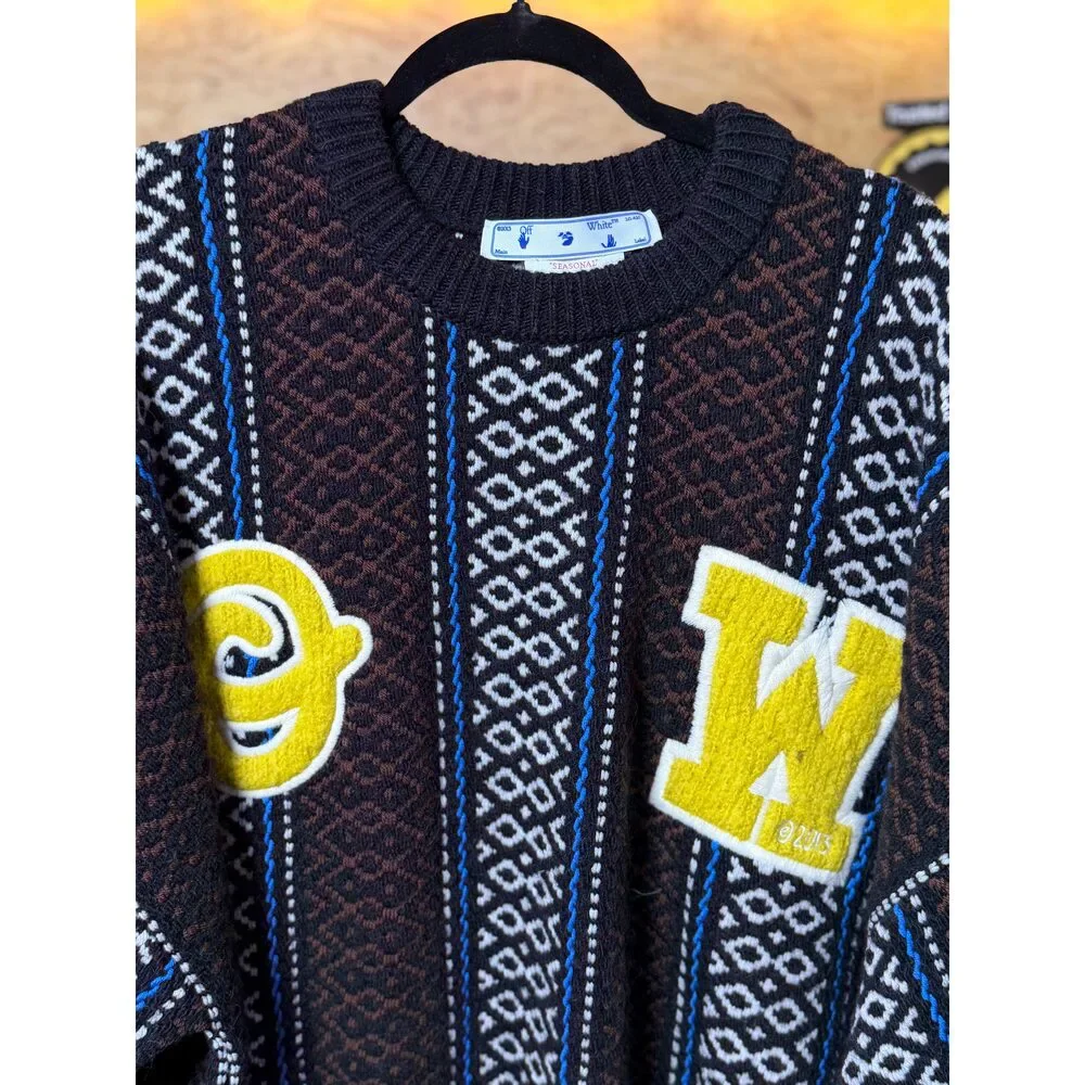Off-White OW Baja Chunky Knit Crewneck Sweater Men’s XL Brown Black NWT